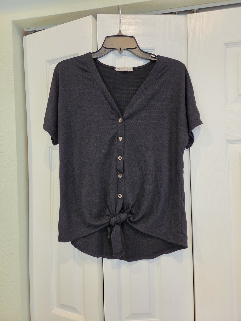 V-Neck Button-Front Tie-Hem Women's Top in Black